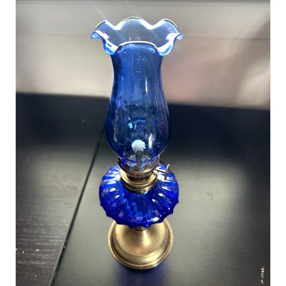 Vintage Mini Cobalt Blue Hurricane Oil Lamp Miniature Glass 6.75